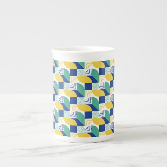 Blue Green Yellow Abstract Geometric Pattern Bone China Mug (Front)