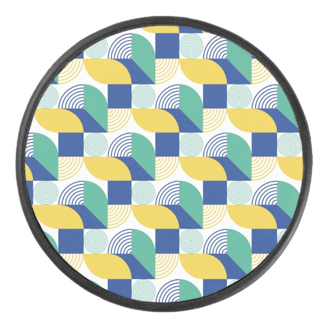 Blue Green Yellow Abstract Geometric Pattern Hockey Puck (Front)