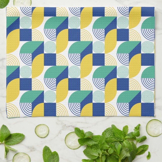 Blue Green Yellow Abstract Geometric Pattern Tea Towel (Folded)