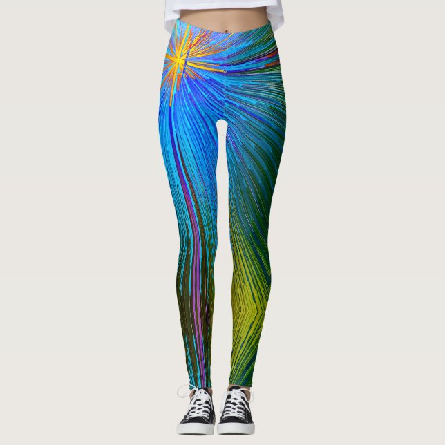 Blue Green Yellow Abstract Stripe Pattern Modern Leggings (Front)