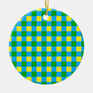 Blue Green Yellow Check Plaid Pattern Design Ceramic Ornament