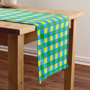 Blue Green Yellow Check Plaid Pattern Design  Short Table Runner