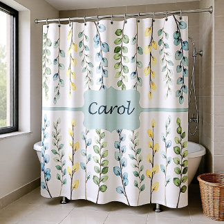 Blue Green Yellow Eucalyptus plants Personalised Shower Curtain