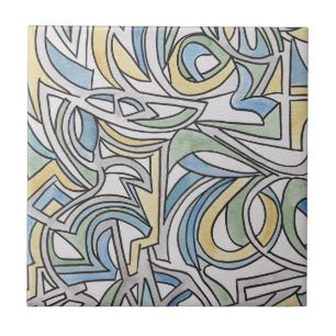 Blue Green Yellow Lattice-Hand Painted Abstract Ceramic Tile