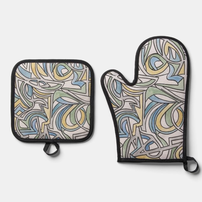 Blue Green Yellow Lattice Oven Mitt & Pot Holder Set (Front)