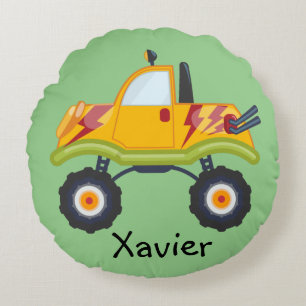 Blue Green Yellow Monster Truck Boys Personalised Round Cushion
