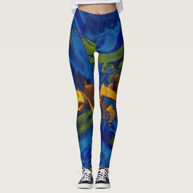 Blue Green Yellow Paint Splatter Leggings (Front)