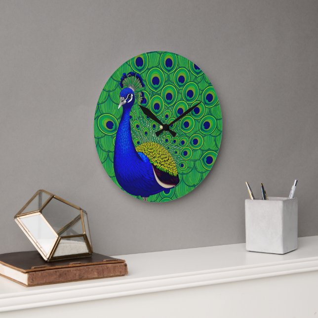Blue- green yellow peacock Wallpaper Large Clock (Office)