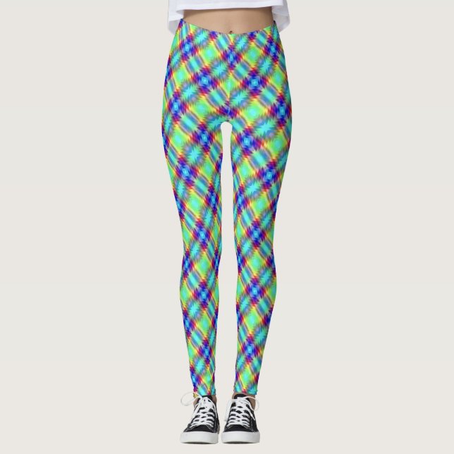 Blue Green Yellow Purple Ribbon Plaid Leggings (Front)