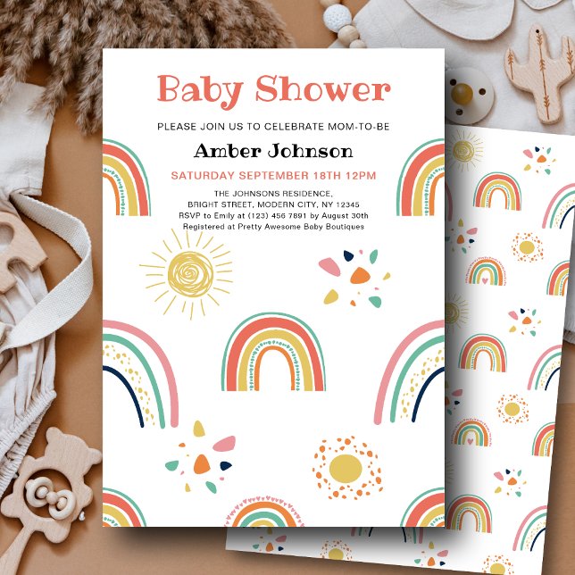 Blue Green Yellow Rainbow Cute Girl Baby Shower Invitation (Creator Uploaded)