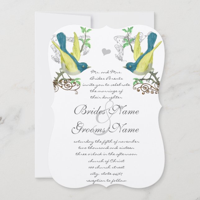 Blue Green Yellow Vintage Birds Wedding Invitation (Front)