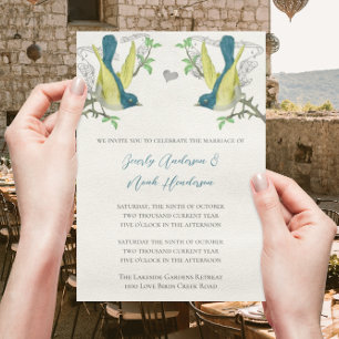 Blue Green & Yellow Vintage Birds Wedding Invite