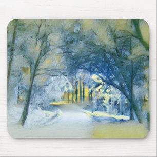 Blue Green Yellow Winter Scenery Watercolor Mouse Pad