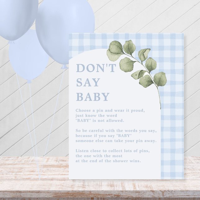 Blue Greenery Boy Baby Shower Don't Say Baby Game Pedestal Sign (Creator Uploaded)