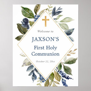 Blue greenery foliage baptism welcome sign