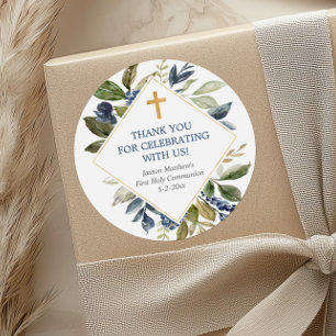 Blue greenery foliage gold first communion baptism classic round sticker