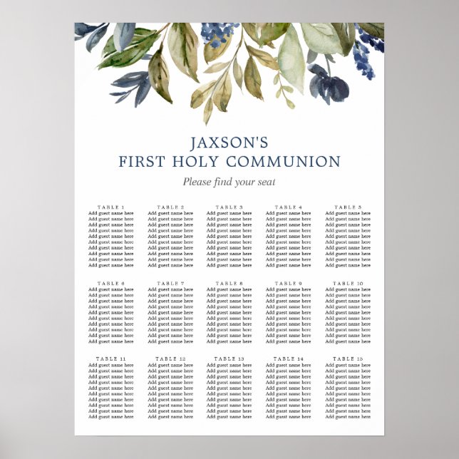 Blue greenery foliage green leaves seating chart (Front)