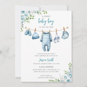Blue Greenery Laundry Line Baby Shower Boy Invitation