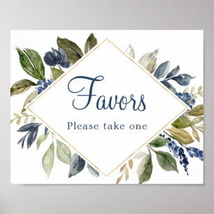 Blue greenery leaves gold foliage Favours sign