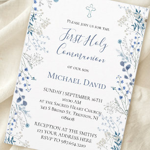  blue greenery watercolor First Communion boy Invitation