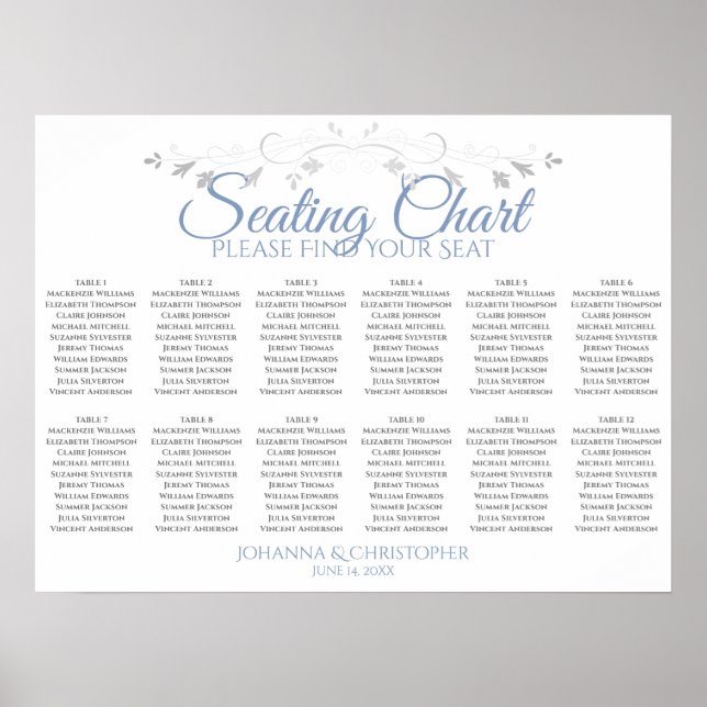 Blue & Grey 12 Table Wedding Seating Chart (Front)