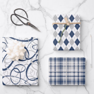 blue grey 3 patterns any occasion wrapping paper sheet
