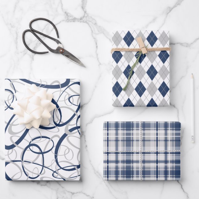blue grey 3 patterns any occasion wrapping paper sheet (Front)