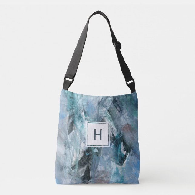 Blue Grey Abstract Brush Stroke Painting Crossbody Bag (Front)