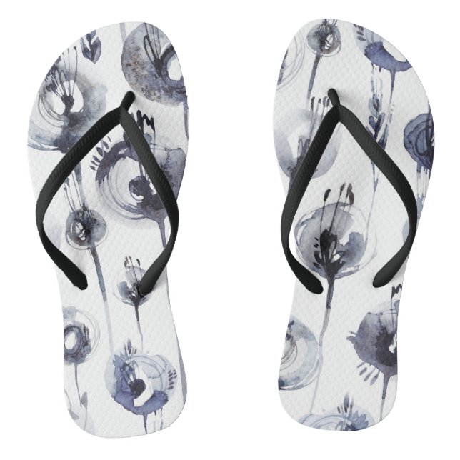 Blue grey abstract flower feather graphic pattern thongs (Footbed)