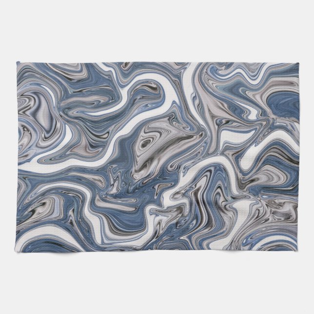 Blue & Grey Abstract Marble Tea Towel (Horizontal)