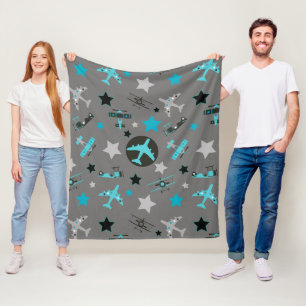 Blue Grey Aeroplanes Pattern Fleece Blanket