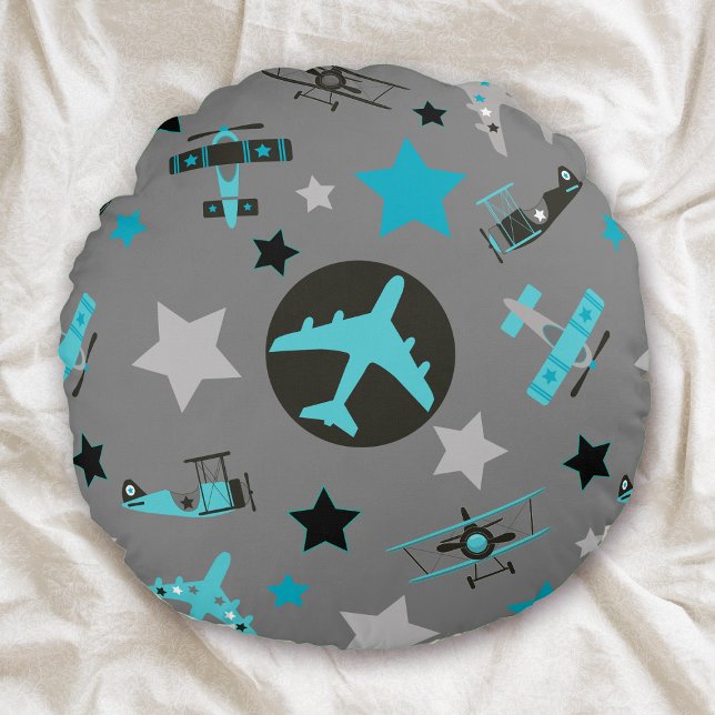 Blue Grey Aeroplanes Pattern Round Cushion (Creator Uploaded)