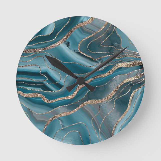 Blue Grey Agate Gold Glitter Glam #1 Round Clock (Front)