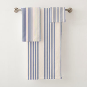 Blue-grey and beige five stripe pattern bath towel set