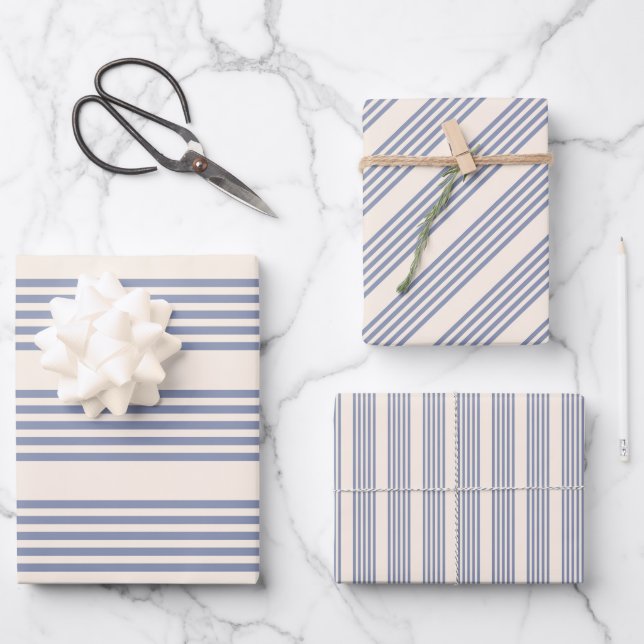 Blue-grey and beige five stripe pattern wrapping paper sheet (Front)