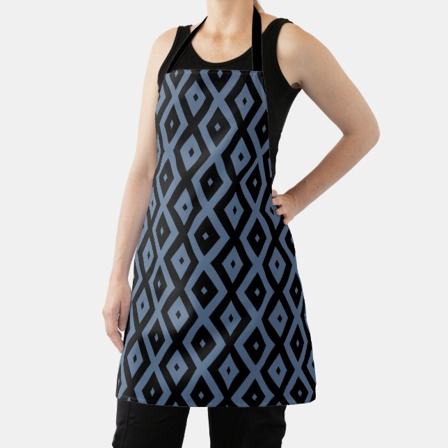 Blue grey and black diamond pattern apron (Insitu)