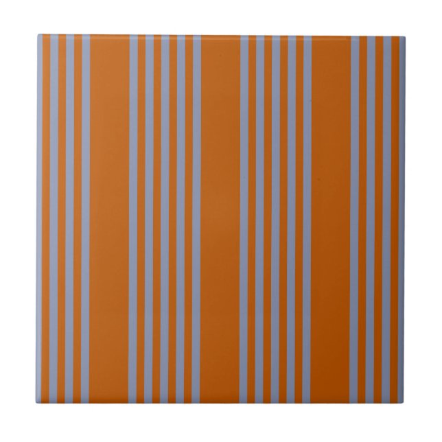Blue-grey and burnt orange five stripe pattern ceramic tile (Front)