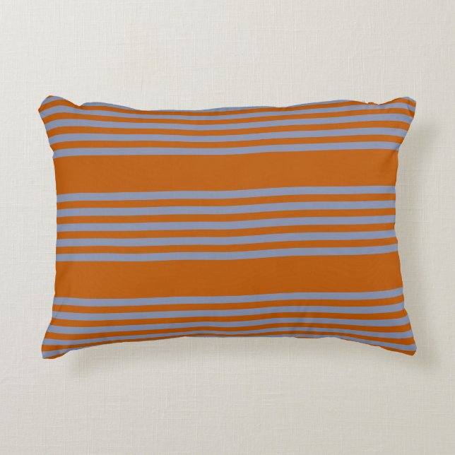 Blue-grey and burnt orange five stripe pattern decorative cushion (Front)