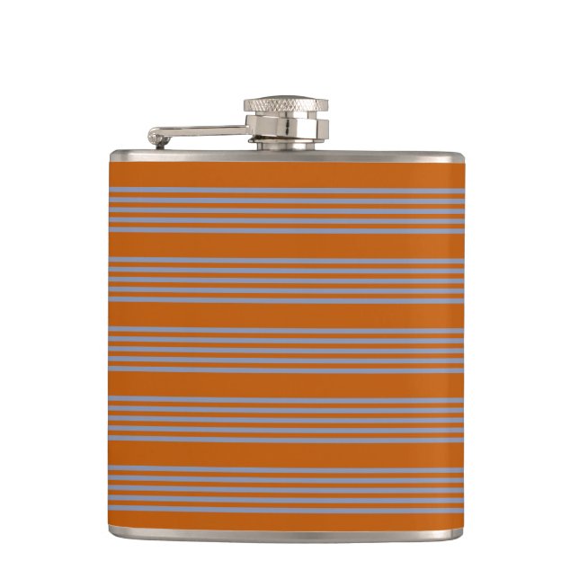 Blue-grey and burnt orange five stripe pattern hip flask (Front)