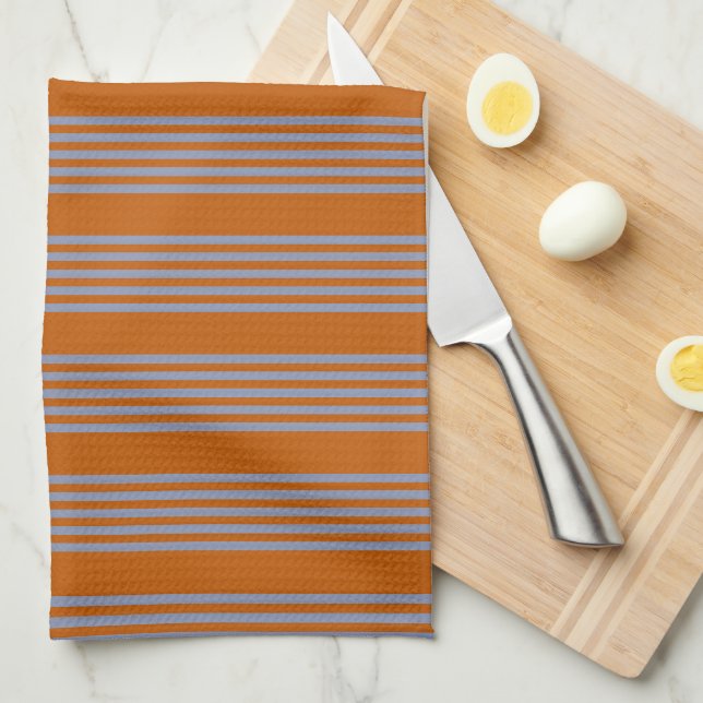 Blue-grey and burnt orange five stripe pattern tea towel (Quarter Fold)