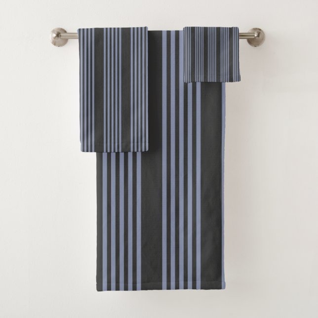 Blue-grey and charcoal five stripe pattern bath towel set (Insitu)