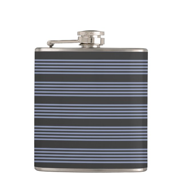 Blue-grey and charcoal five stripe pattern hip flask (Front)