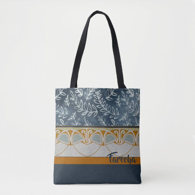 Blue Grey and Orange Design Custom Text Tote Bag (Front)