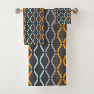 Blue, grey and orange funky stripes pattern bath t towel set