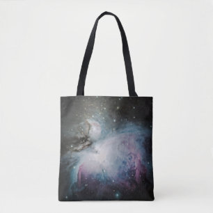 Blue, grey, and purple nebula tote bag