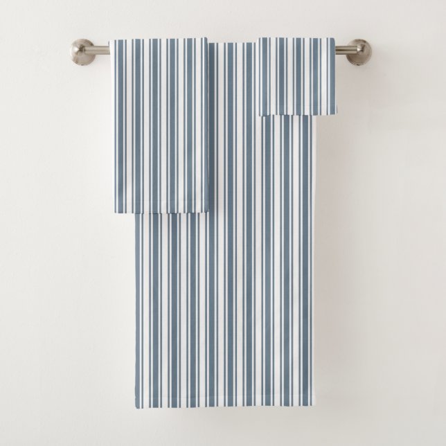 Blue-grey and white candy stripes bath towel set (Insitu)