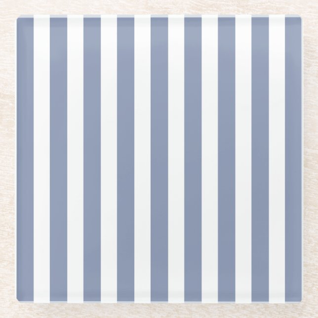 Blue grey and white candy stripes glass coaster (Front)