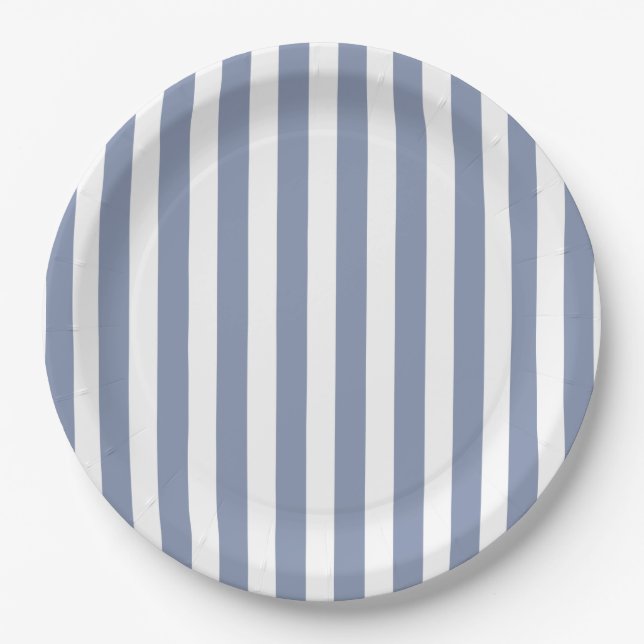 Blue grey and white candy stripes paper plate (Front)