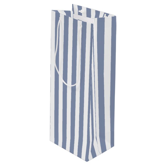 Blue grey and white candy stripes wine gift bag (Front Angled)