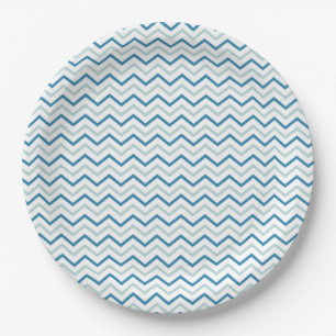Blue Grey and White Chevron Paper Plate